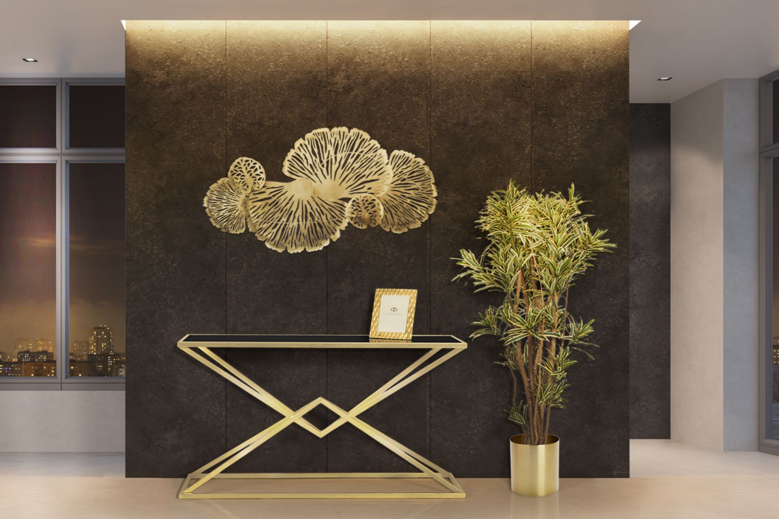 Luxurio arany design konzolasztal fekete üveg asztallappal 130 cm Konzolasztal Mauro Ferretti