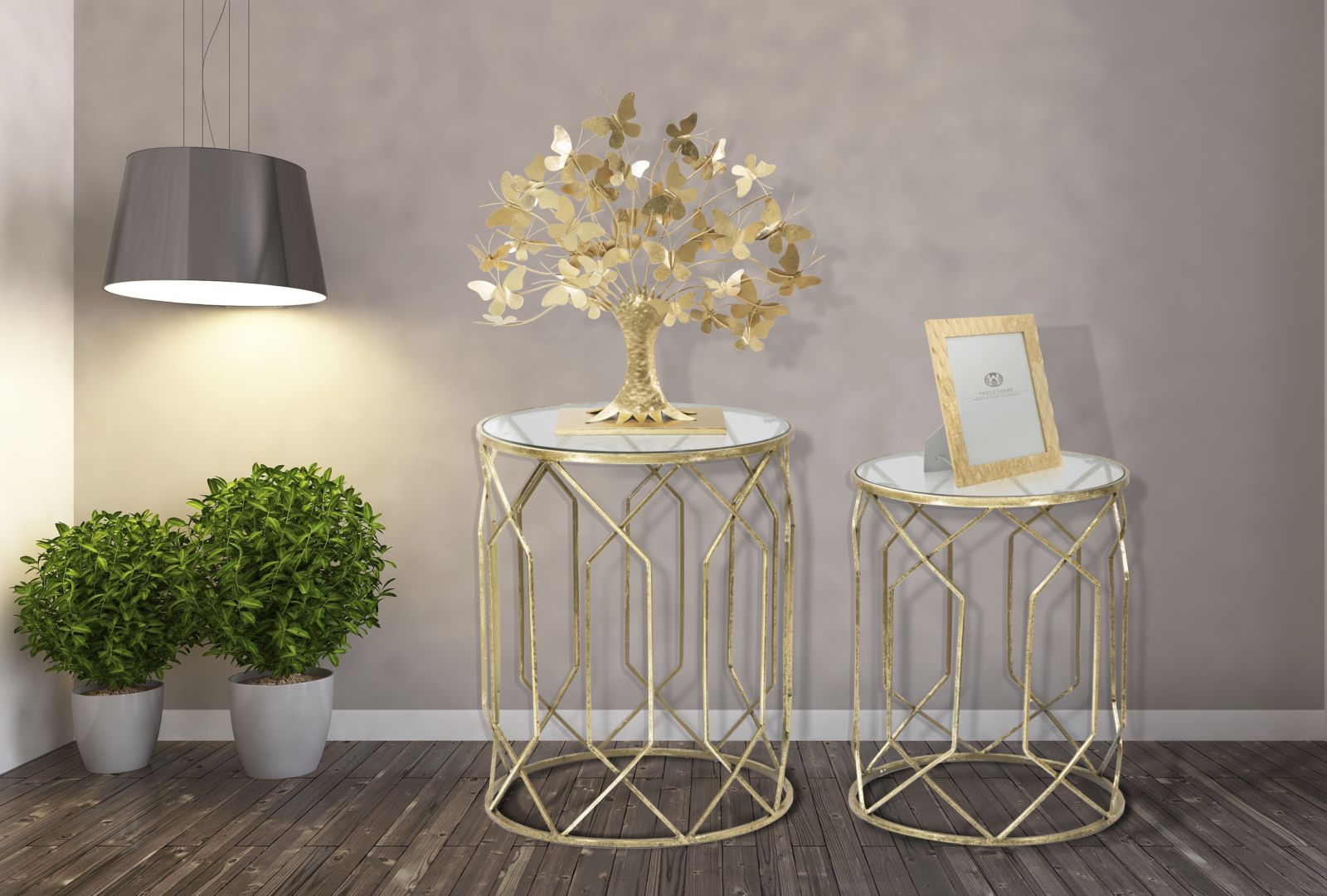 Oro aranyszínű fém kisasztal készlet üveg lappal – 2 db – Duetto