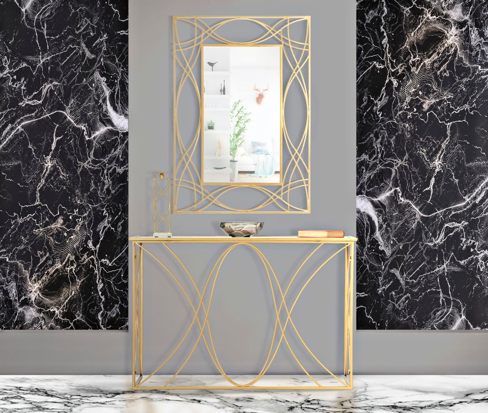 Arany színű design konzolasztal tükrös üveglappal 120 cm Konzolasztal Mauro Ferretti