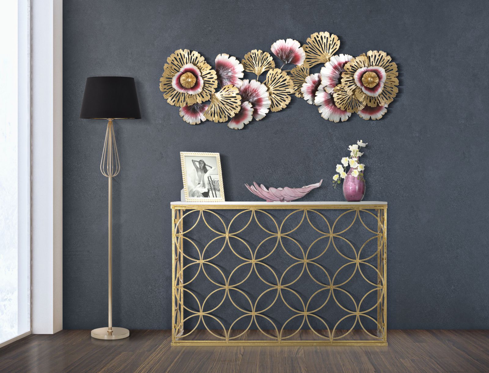 Anaïs arany színű design konzolasztal márvány lappal Konzolasztal Mauro Ferretti