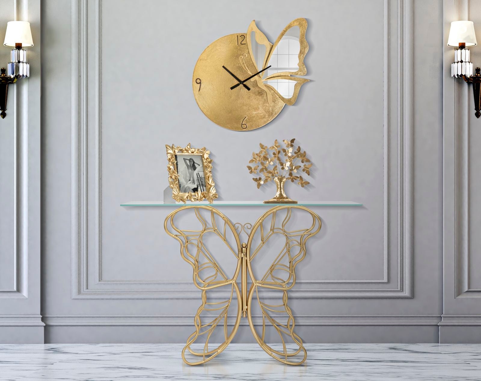 Pearl pillangó arany színű design konzolasztal 110 cm Konzolasztal Mauro Ferretti