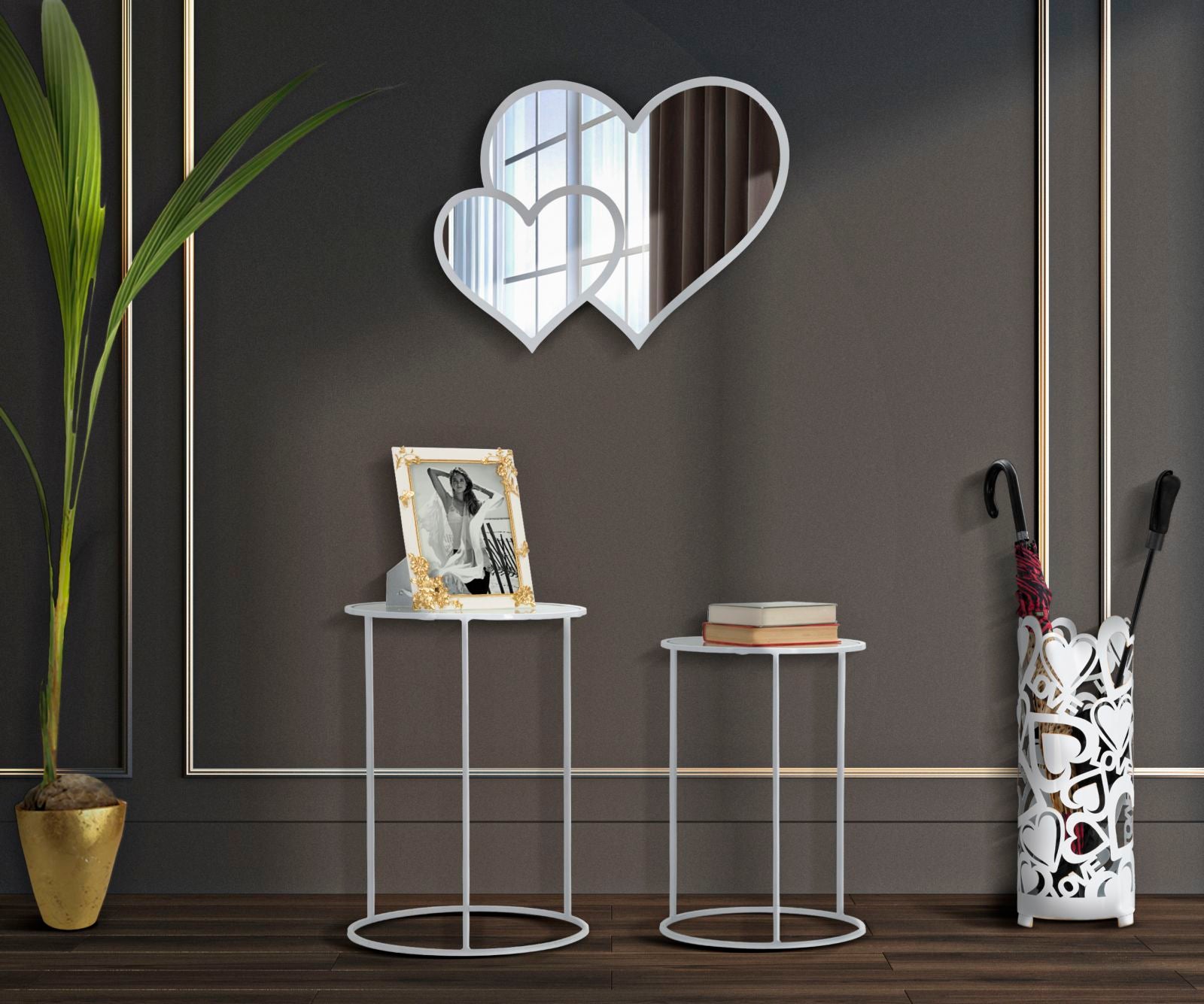 fém és üveg kisasztal készlet – 2 db love szíves – Fehér