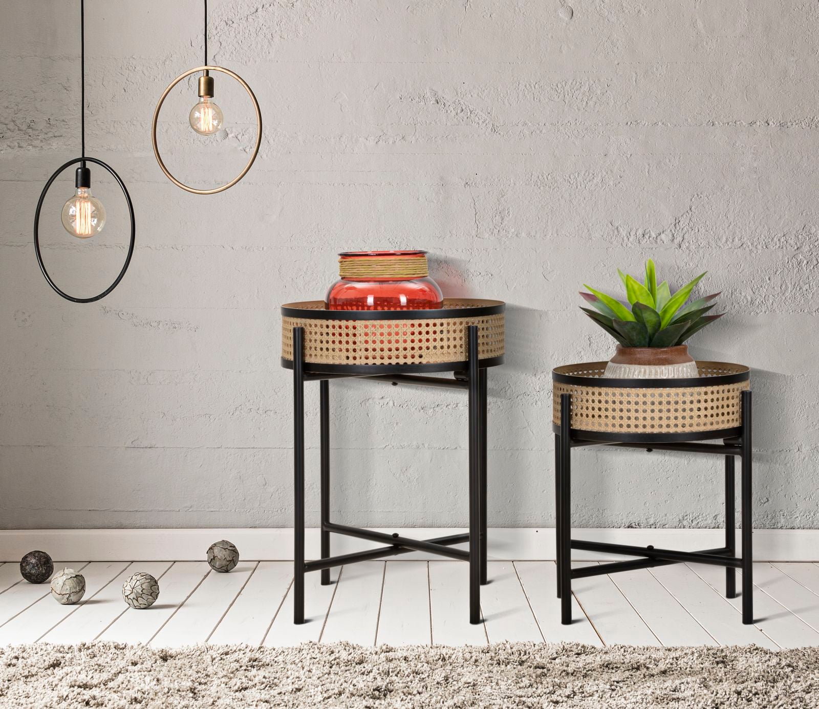 rattan hatású fém virágtartó állvány – 2 db, fekete vázzal