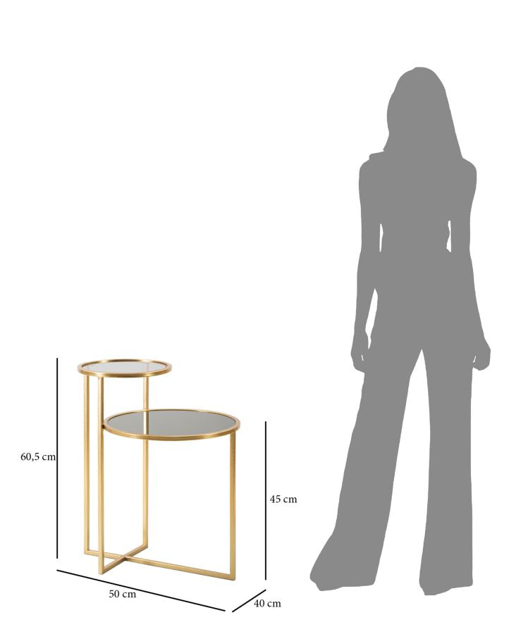Két szintes lerakóasztal aranyszínű fém vázzal és füstüveg lapokkal