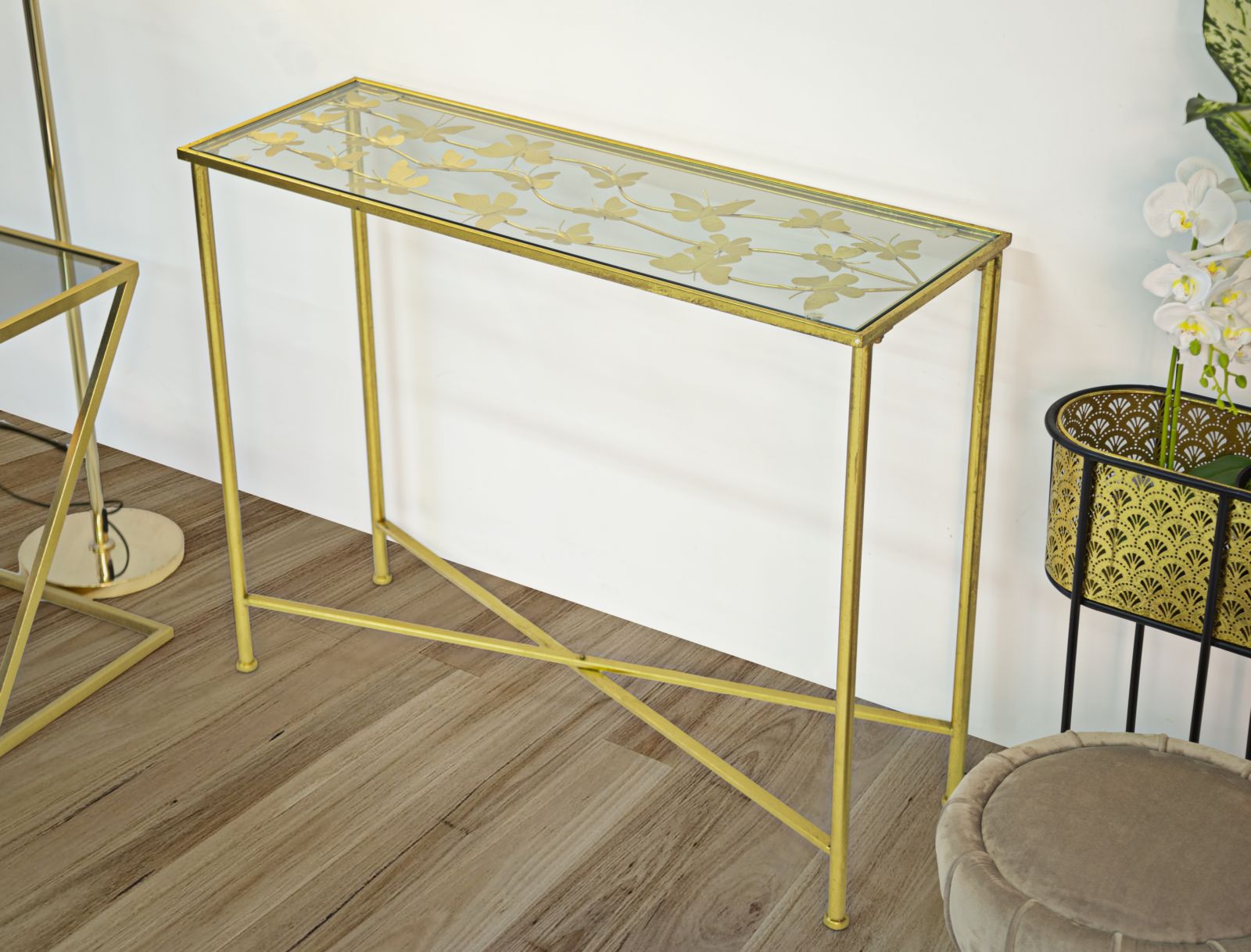 Papillon arany színű design konzolasztal pillangós dekorral Konzolasztal Mauro Ferretti