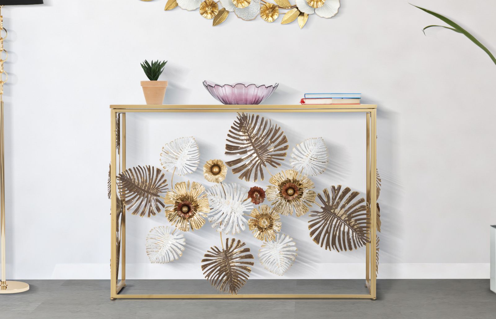 Design arany konzolasztal virágos 113X40X80 cm tükrös Konzolasztal Mauro Ferretti
