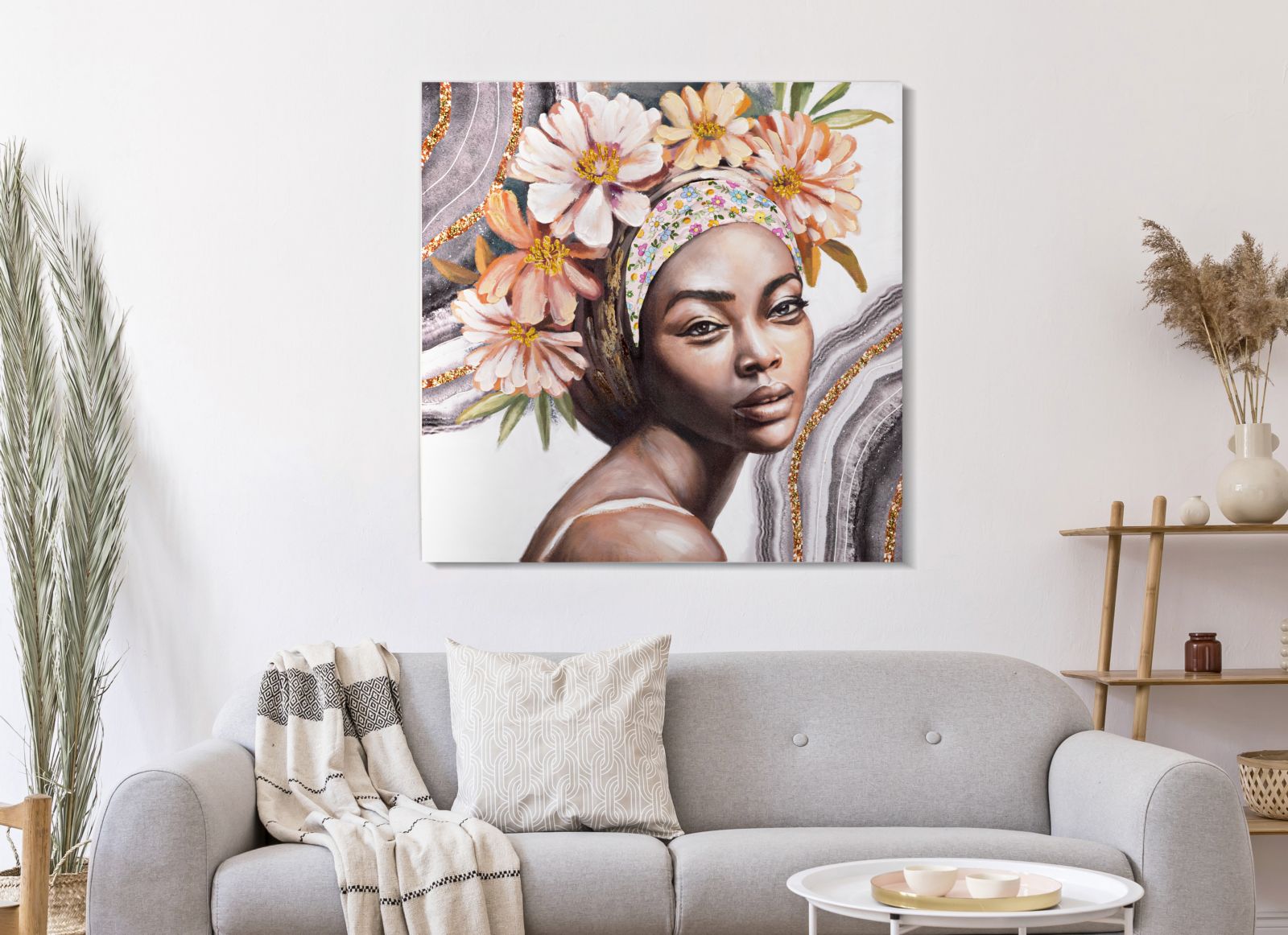 Portré Falikép Virágos Fejdísszel – Modern Vászonkép 100×100 cm Falikép Mauro Ferretti