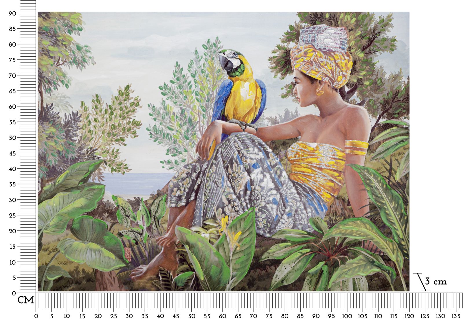 Trópusi Falikép Női Alakkal és Papagájjal – Vászonkép 120×90 cm Falikép Mauro Ferretti