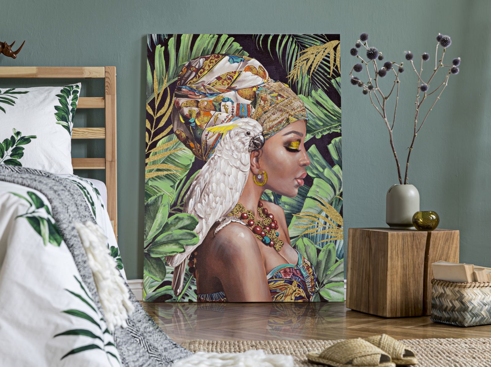 Trópusi Portré Falikép Papagájjal – Boho Vászonkép 90×120 cm Falikép Mauro Ferretti