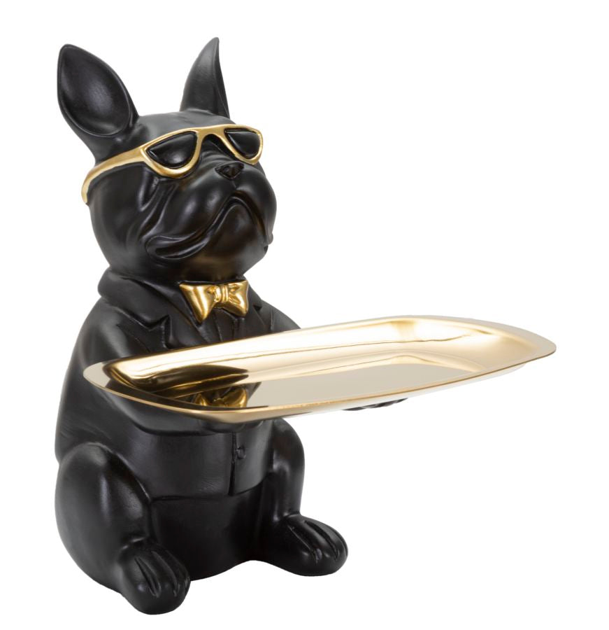 Frenchie Butler – fekete-arany bulldog dekoráció tálcával 19X20X23,5 cm Dekorációs figura Mauro Ferretti