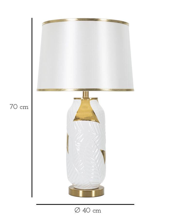 Levélmintás asztali lámpa – fehér-arany kerámia talp, fehér ernyő, 70 cm Mauro Ferretti