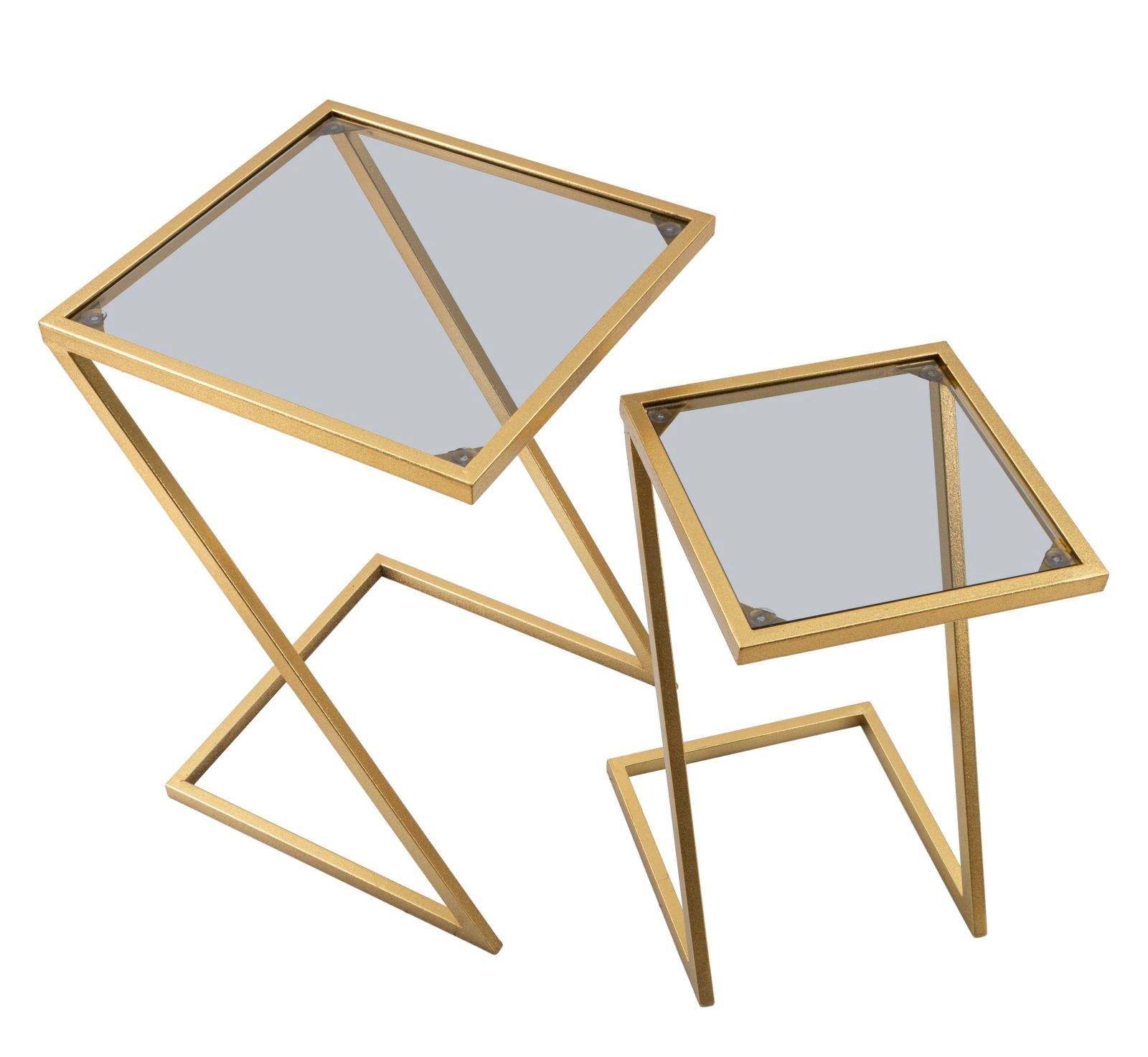 Geometrikus arany színű modern kisasztal szett füstüveg lappal