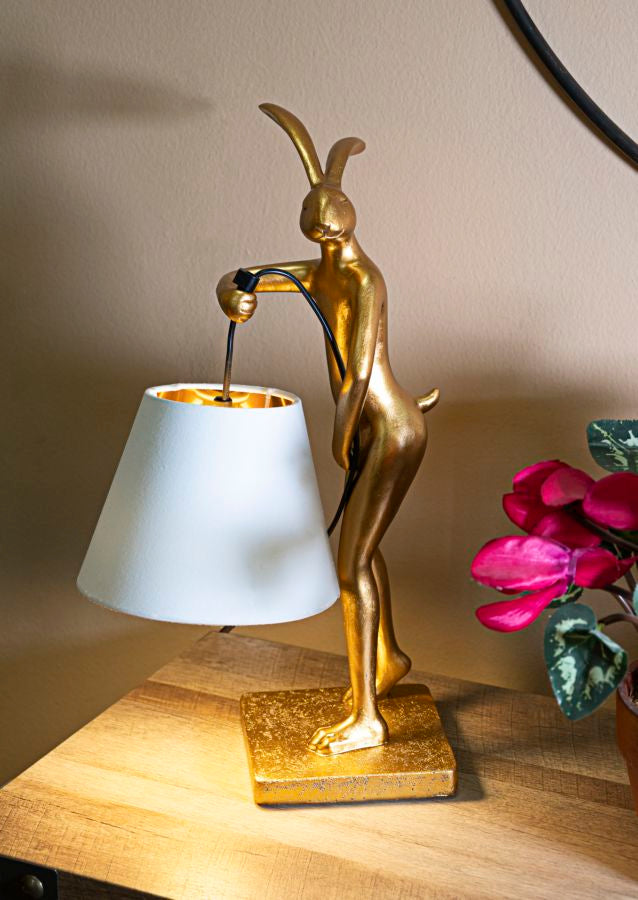 Nyúl figura asztali lámpa – arany szobor talp, fehér ernyő, 47 cm Mauro Ferretti