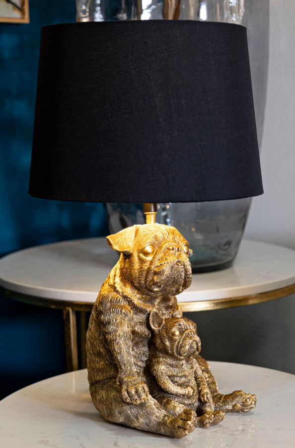 Bulldog mama és kölyök asztali lámpa – arany szobor talp, fekete ernyő, 43,8 cm Mauro Ferretti