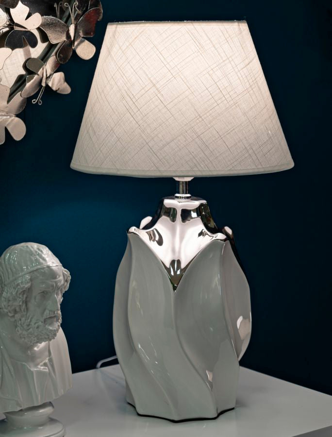 erámia asztali lámpa fényes fehér-ezüst virág formájú talp textil ernyő 51 cm Mauro Ferretti