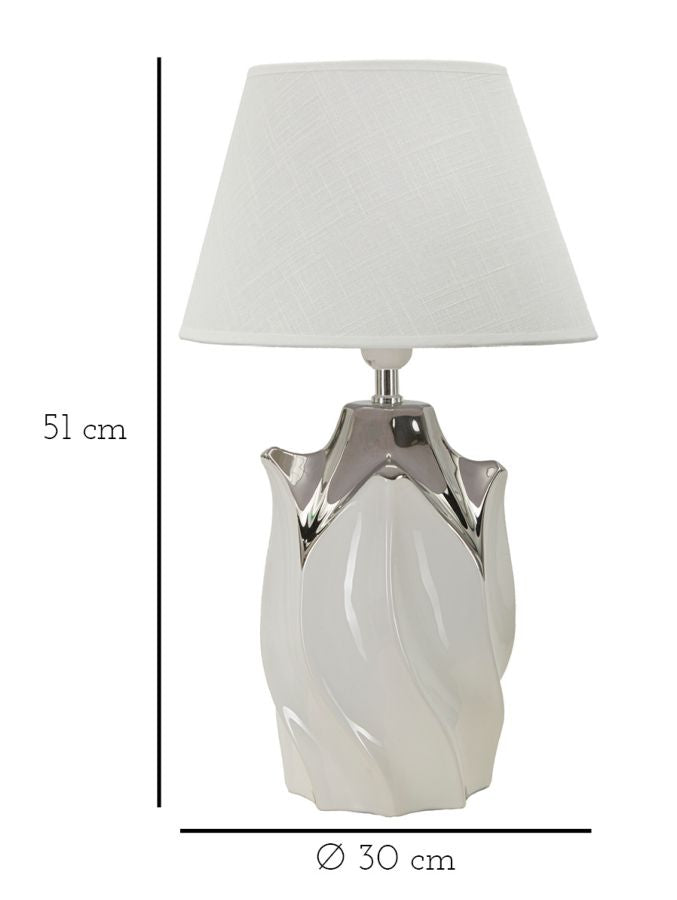 erámia asztali lámpa fényes fehér-ezüst virág formájú talp textil ernyő 51 cm Mauro Ferretti