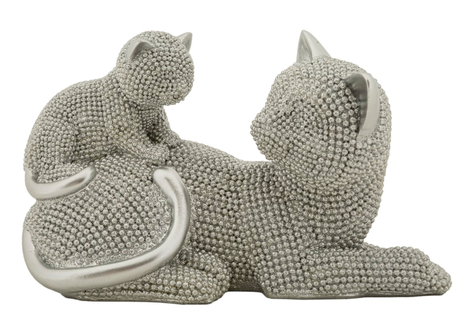 Ezüst cica mama kölyökkel szobor 19X9X13 cm Dekorációs figura Mauro Ferretti