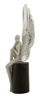 Ezüst szárnyas női szobor modern henger talapzaton 24X8X34 cm Dekorációs figura Mauro Ferretti