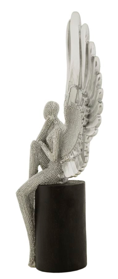 Ezüst szárnyas női szobor modern henger talapzaton 24X8X34 cm Dekorációs figura Mauro Ferretti