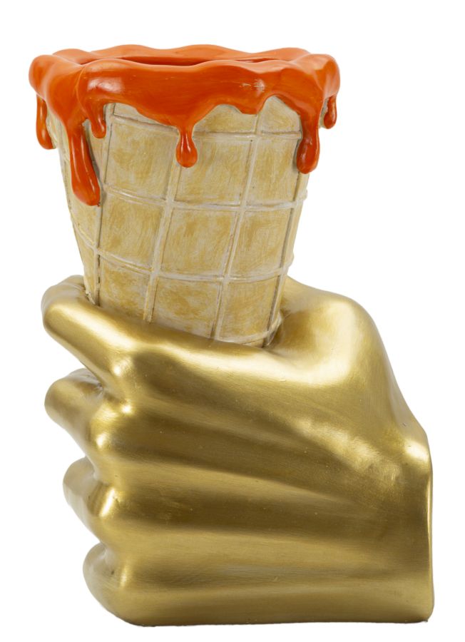 Golden Cone design váza – arany kéz fagyitölcsér narancs mázzal 18X16X26 cm Dekorációs figura Mauro Ferretti