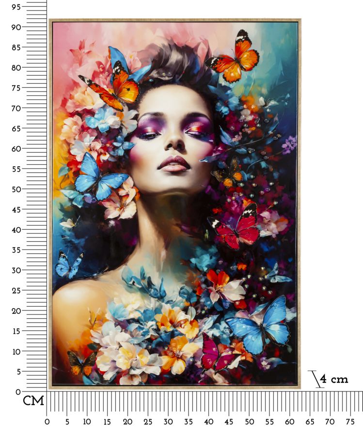 Modern vászonkép színes női portré pillangókkal és virágokkal 62X4X92