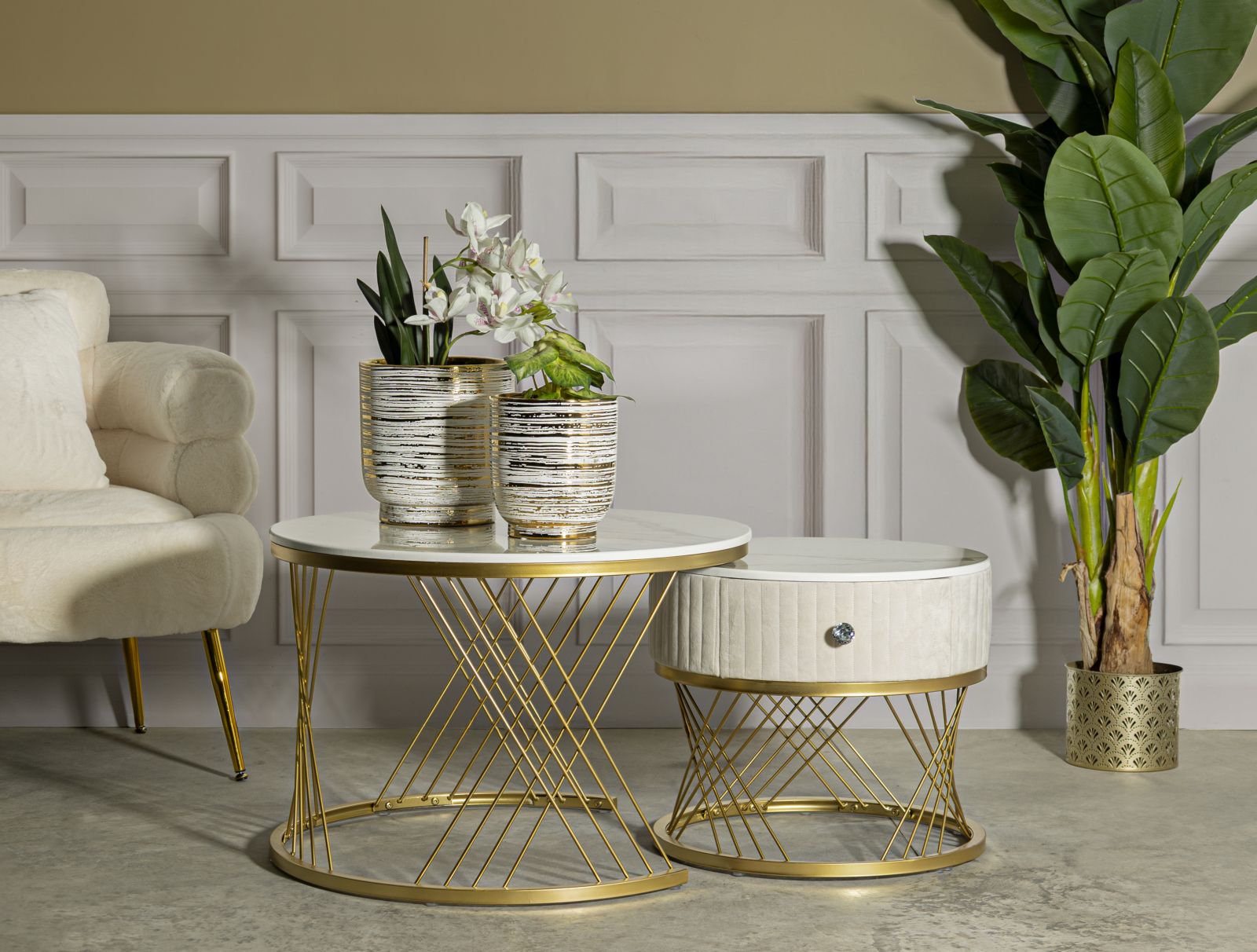 Modern dohányzóasztal lerakóasztallal Beige Doré – krém és arany Modern lerakóasztal Mauro Ferretti