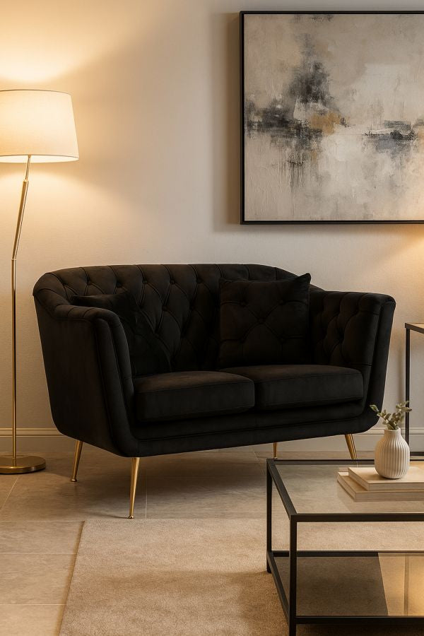 Modern bársony fekete kanapé két személyes párnákkal 130×83×91 cm Kanapé Mauro Ferretti