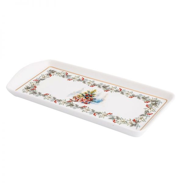 Karácsonyi porcelán süteményes tálca - 27,5x2,5x13 cm - fenyőágas