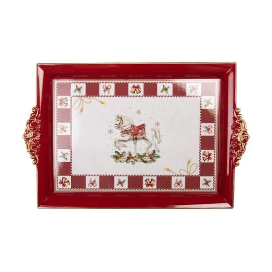Karácsonyi piros műanyag tálca 41x26x3 cm hintalovas