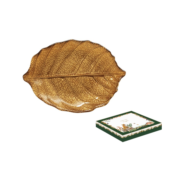 Nyírfalevél őszi bronz üveg tányér 26x18 cm díszdobozban Forest Dream