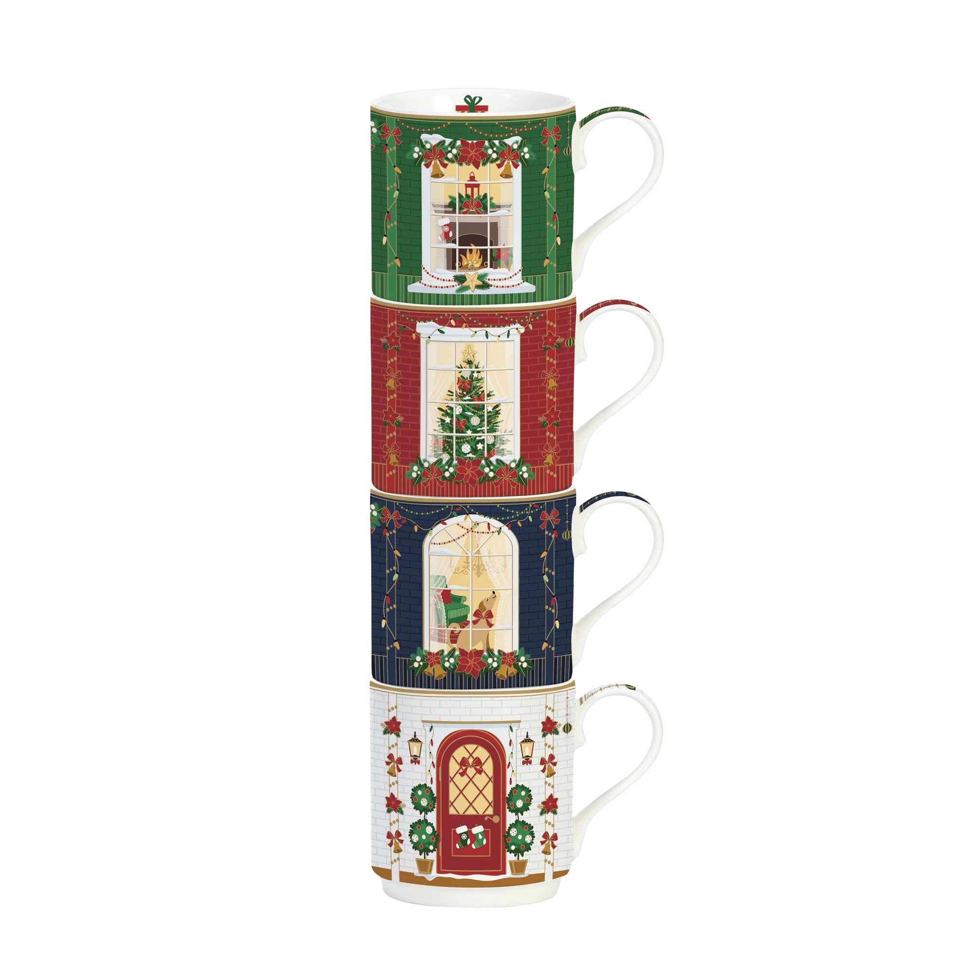 Karácsonyi porcelán bögre 4 db szett egymásba rakható díszdobozban Festive Avenue