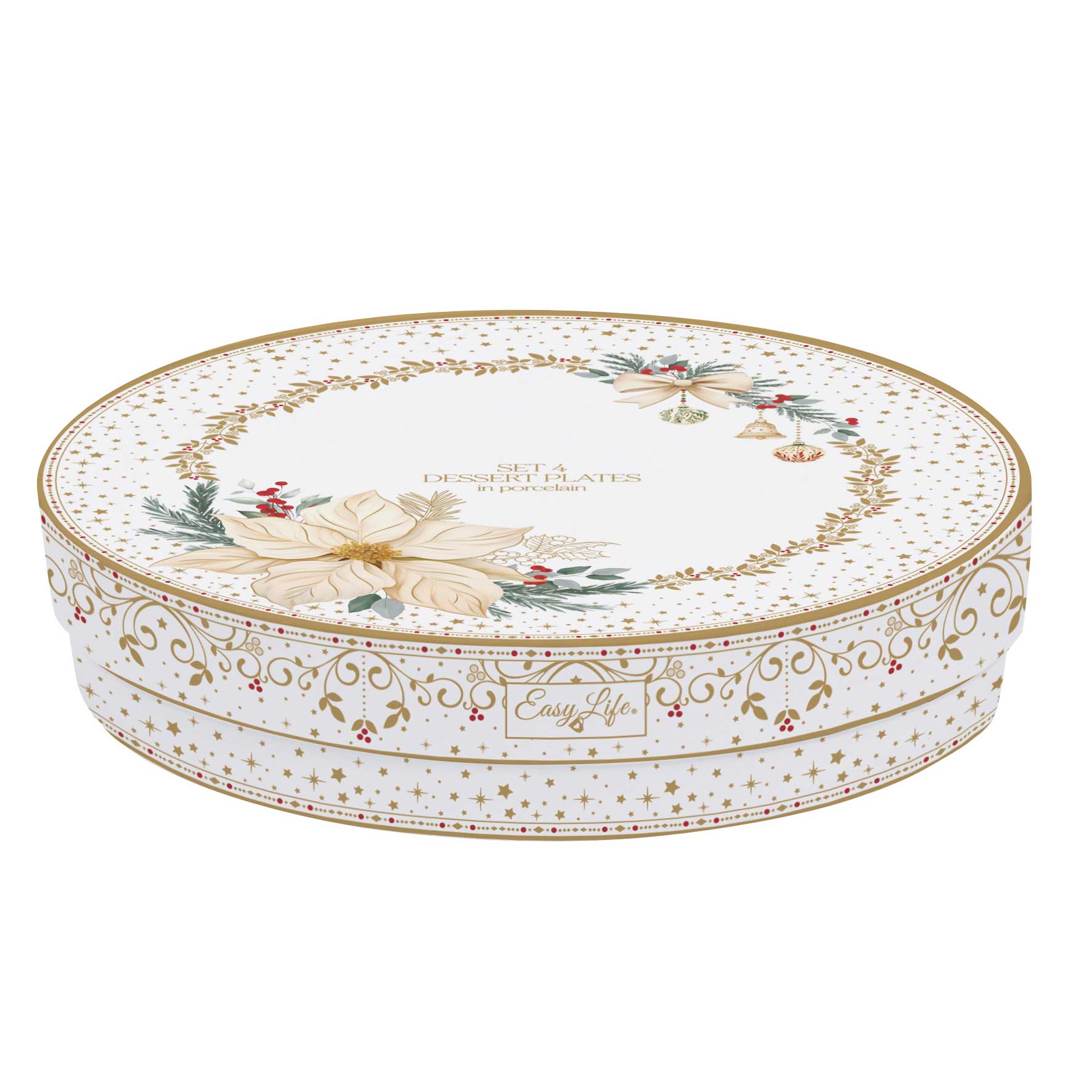 Karácsonyi porcelán desszertes tányér 4 db szett díszdobozban fehér arany mikulásvirág White Elegance