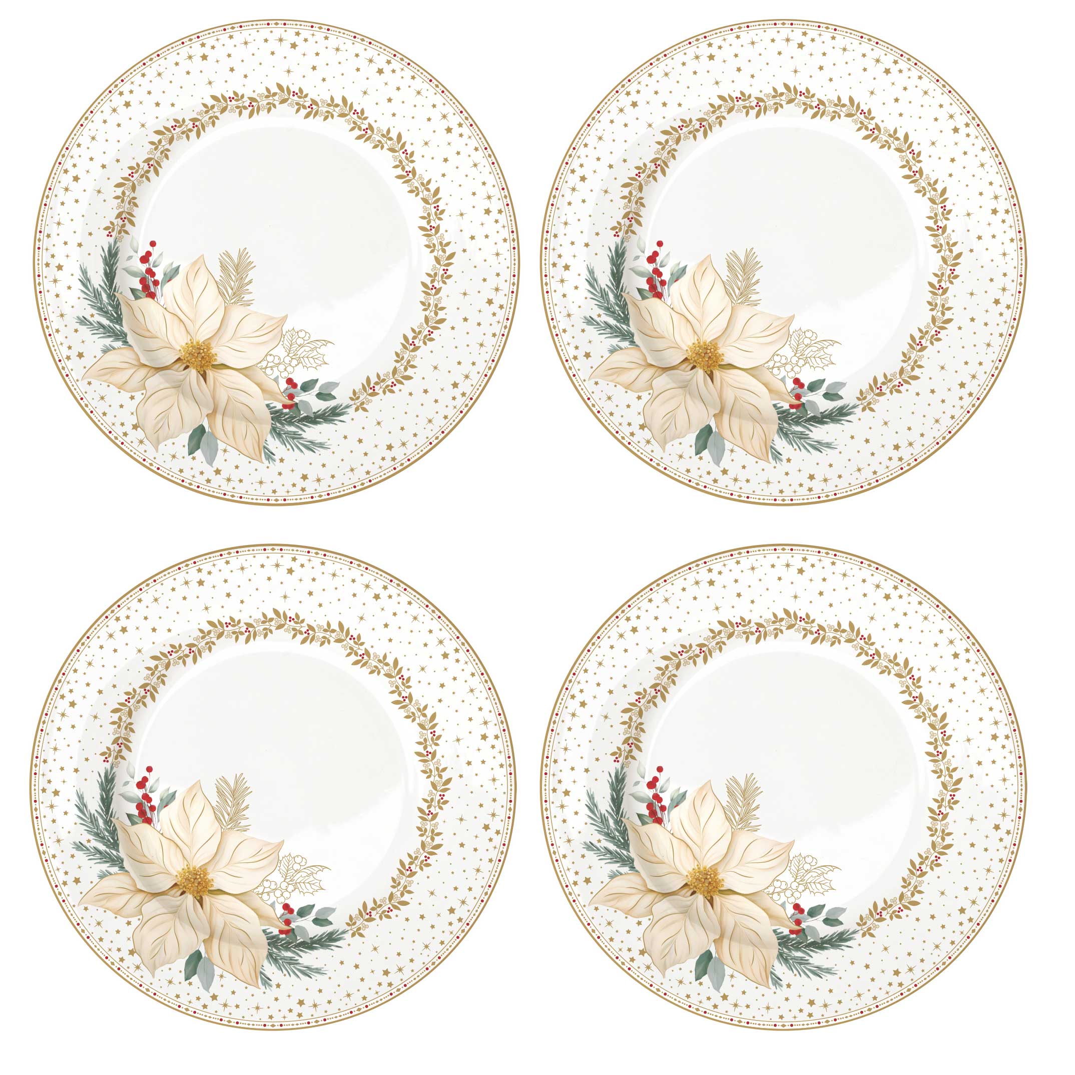Karácsonyi porcelán desszertes tányér 4 db szett díszdobozban fehér arany mikulásvirág White Elegance