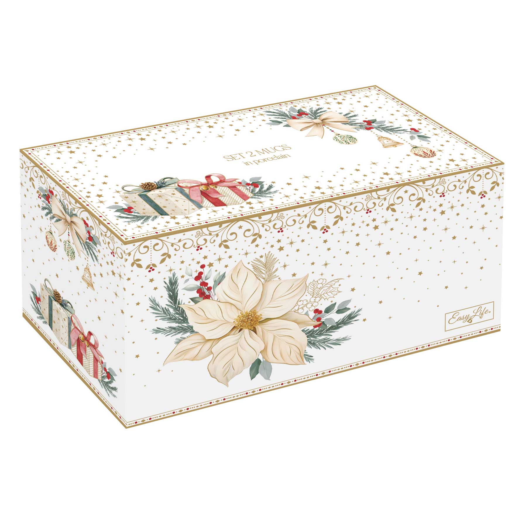 Karácsonyi porcelán bögre 2 személyes szett díszdobozban fehér arany mikulásvirág White Elegance