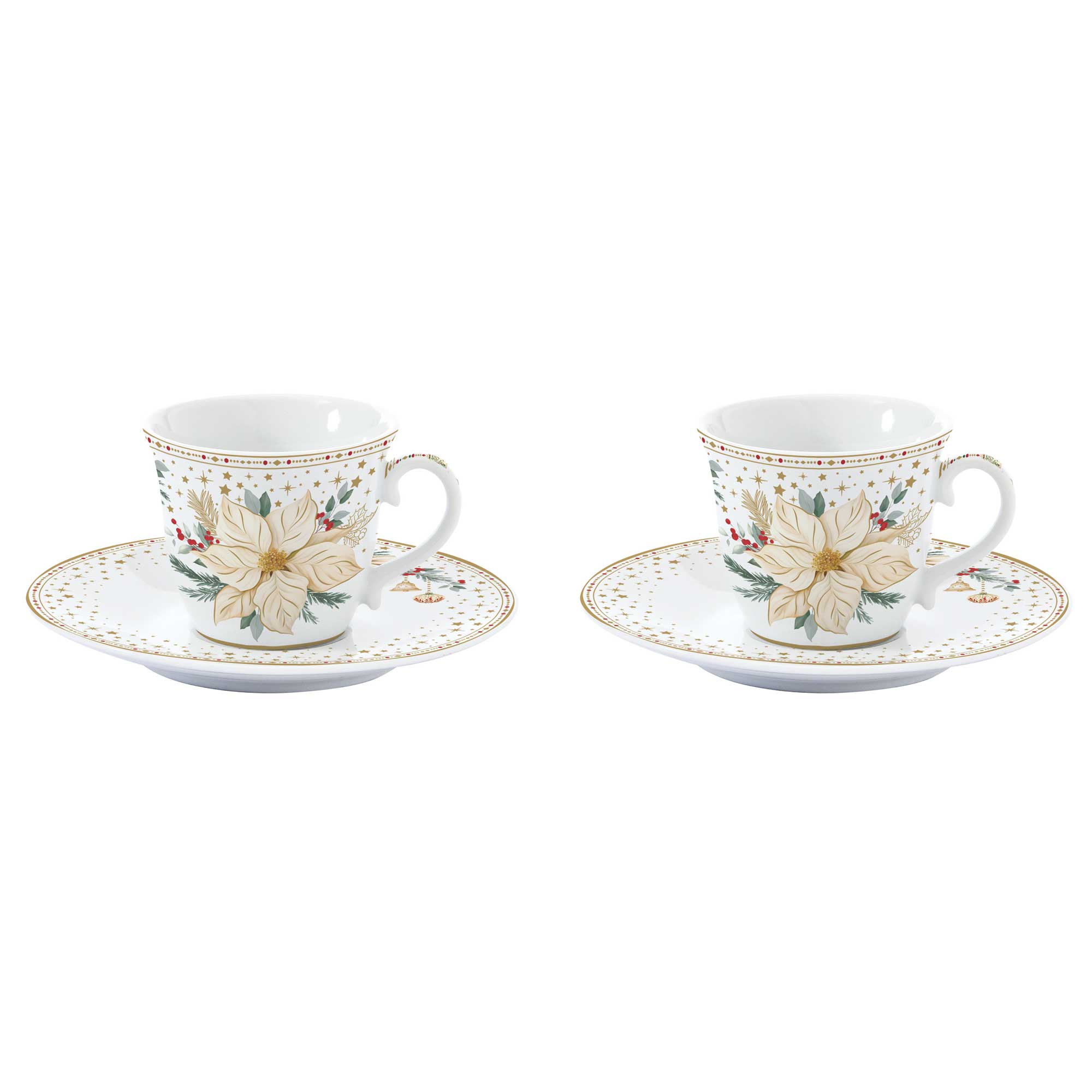 Karácsonyi porcelán eszpresszó csésze szett 2 személyes szett díszdobozban fehér arany mikulásvirág White Elegance