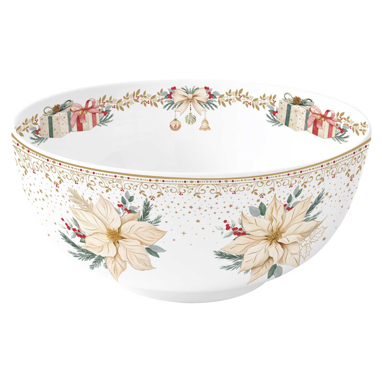 Karácsonyi porcelán nagy mély tál Ø 23 cm fehér arany mikulásvirág White Elegance