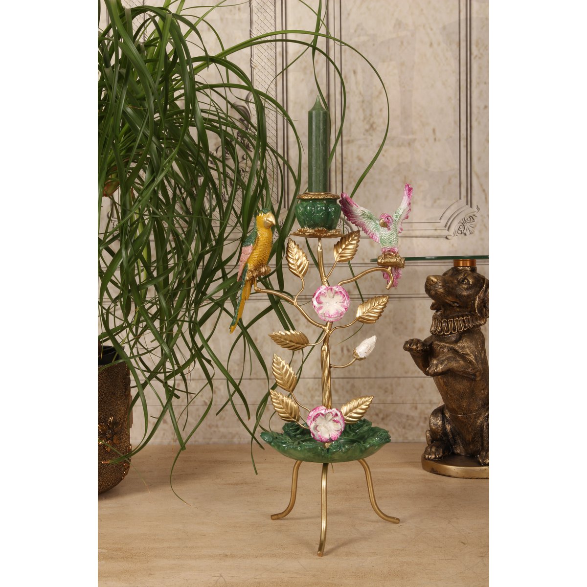 Vintage gyertyatartó 38,5 cm – madaras, zöld