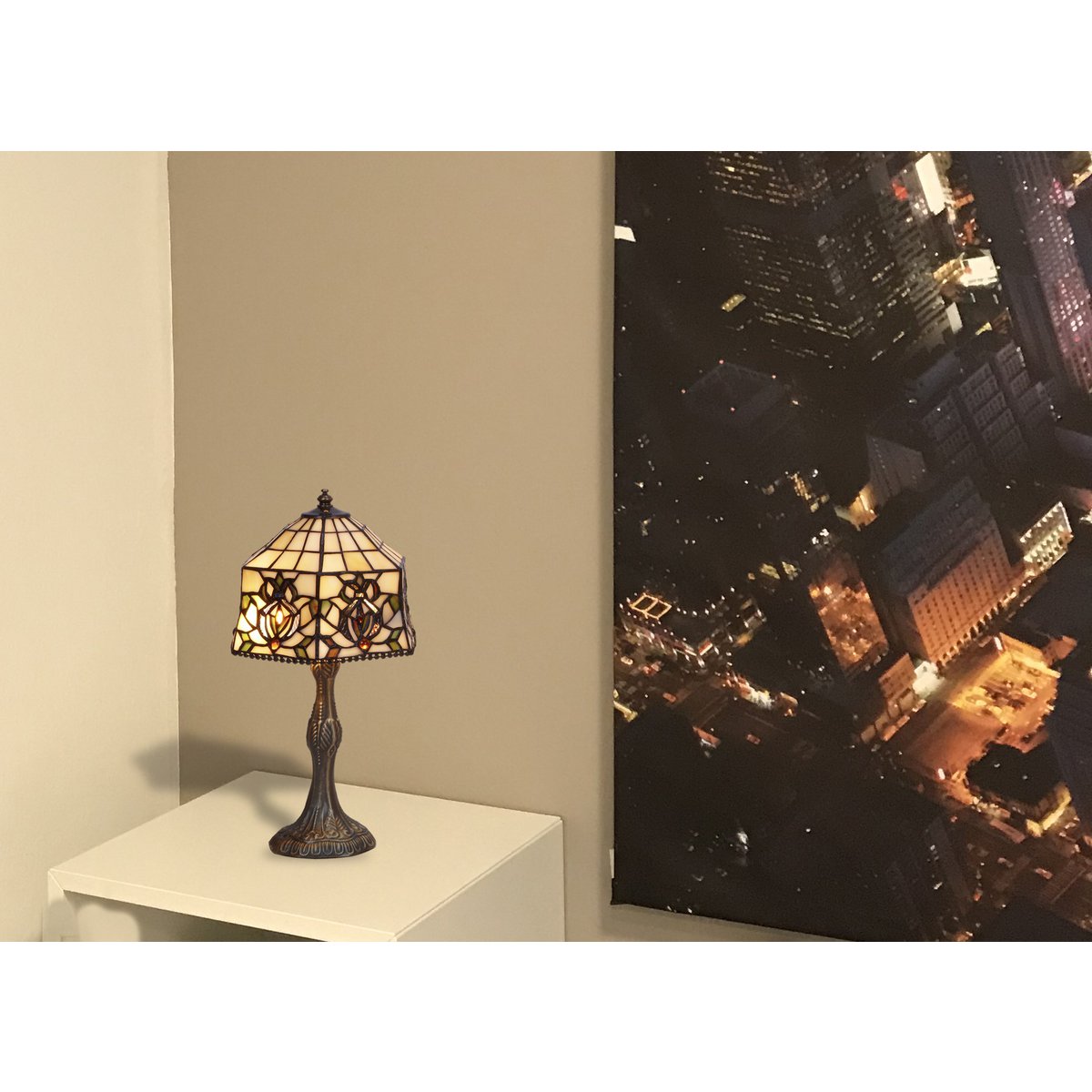 Tiffany asztali lámpa 20 cm – Hexa, bézs