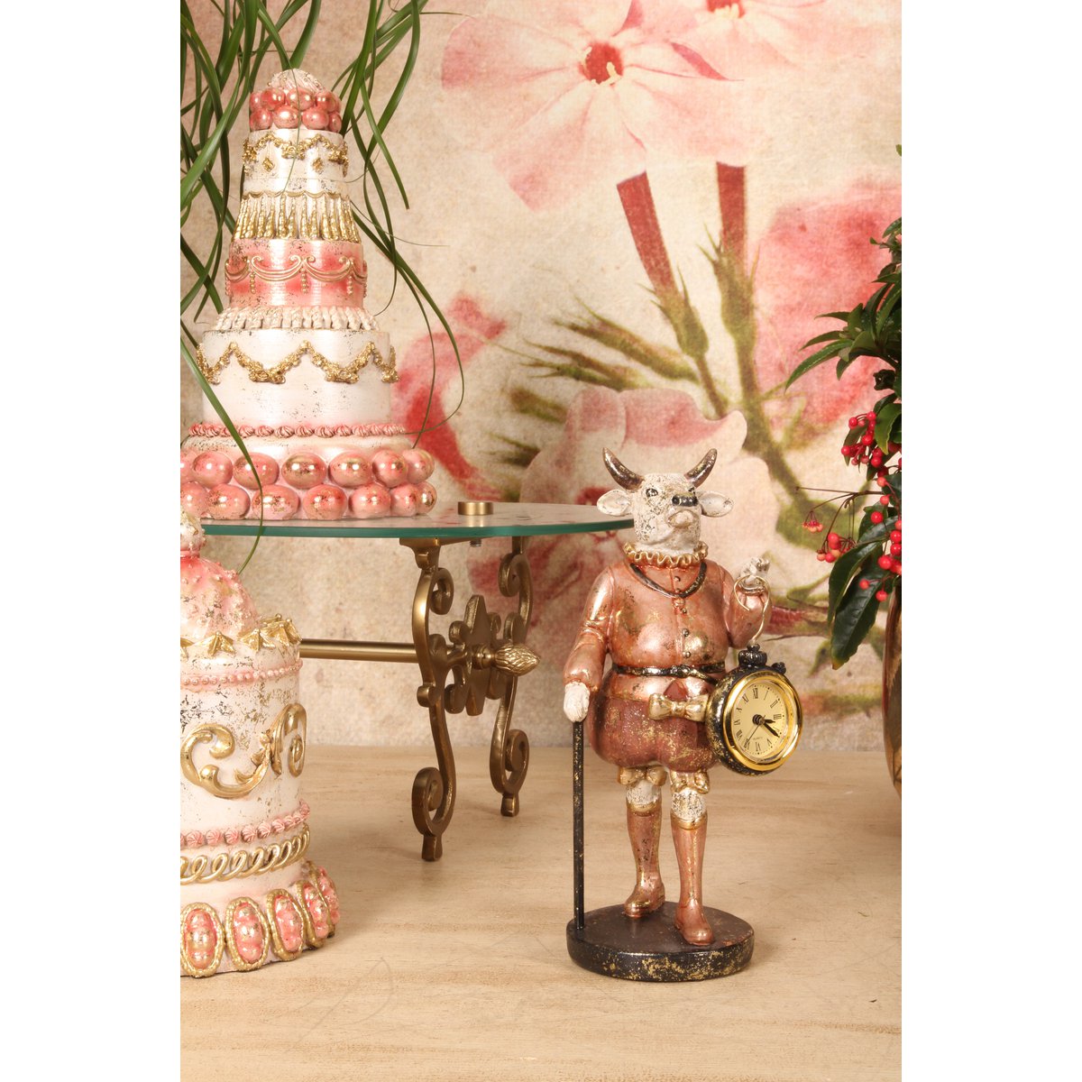Dekor figura tehén órával 25 cm – rózsaszín