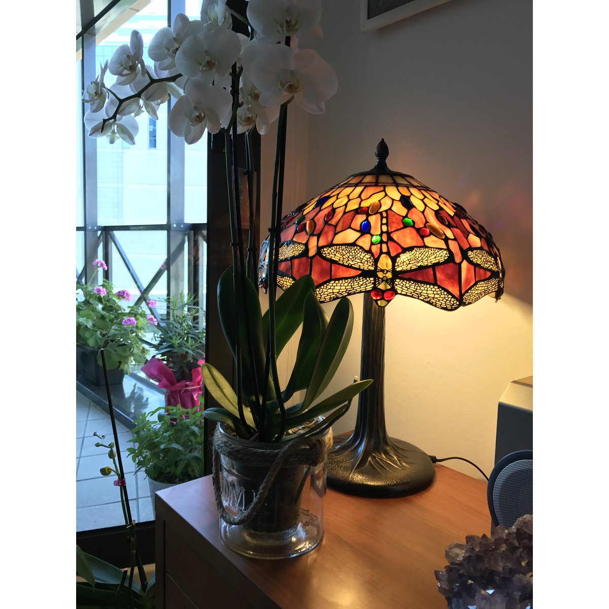 Tiffany asztali lámpa 40 cm – Belle Rouge, piros-fekete-barna