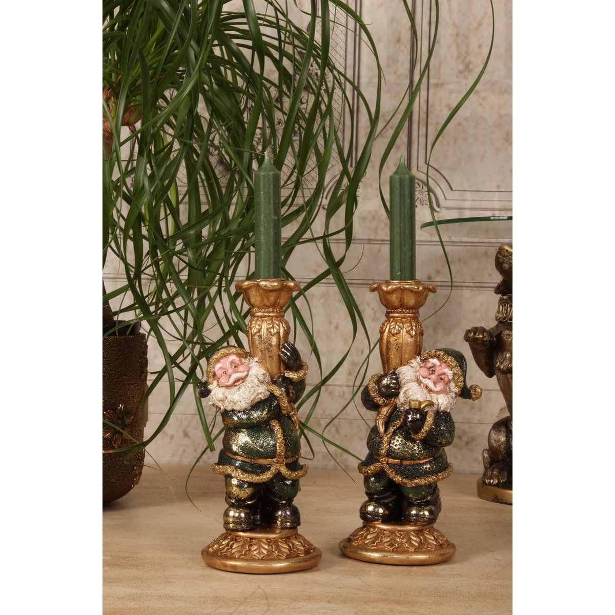 Vintage gyertyatartó 23 cm – mikulásos, zöld