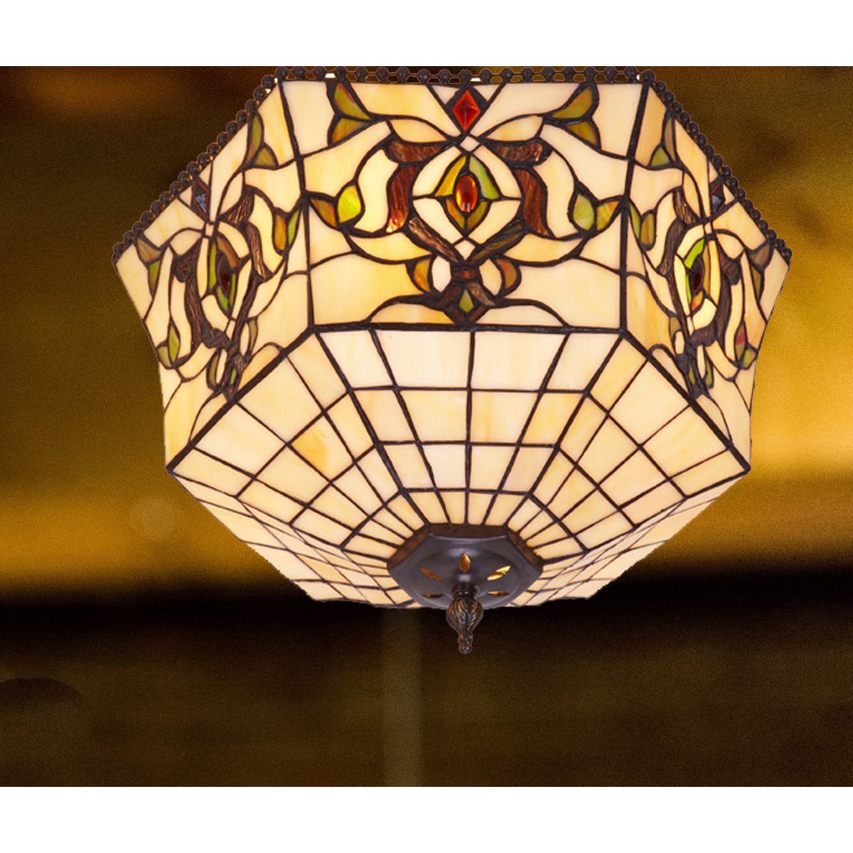 Tiffany mennyezeti lámpa 40 cm – Hexa, elefántcsont-zöld