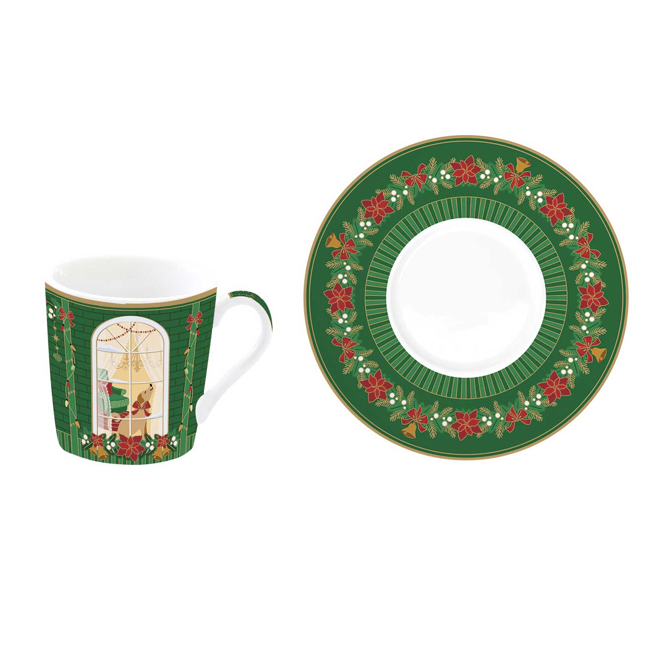 Karácsonyi porcelán eszpresszó kávés csésze + alj 100 ml 6 személyes díszdobozban Festive Avenue