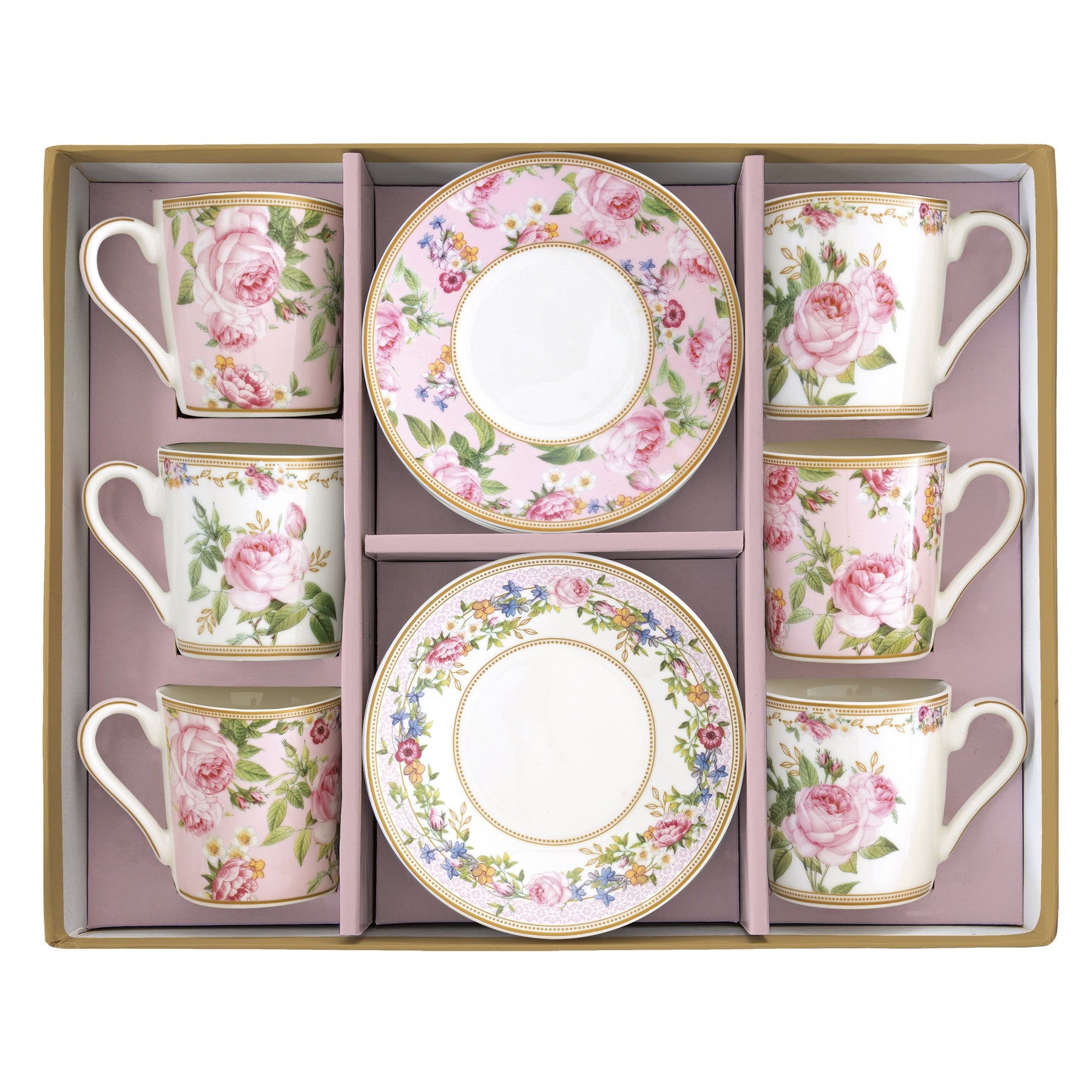 Porcelán eszpresszó kávés csésze 100 ml 6 személyes díszdobozban – Rózsa mintás Chant des Roses