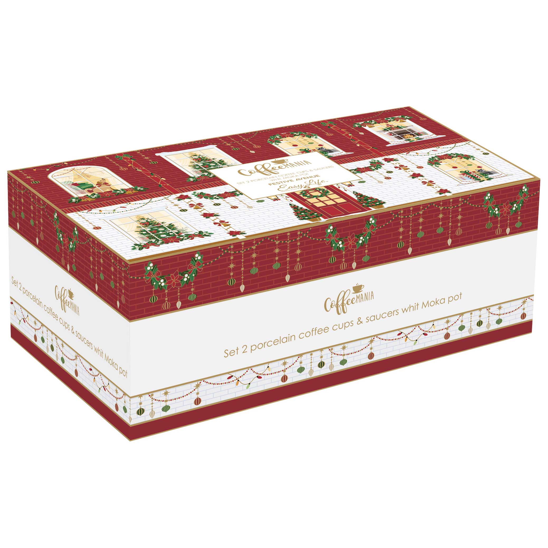 Karácsonyi porcelán eszpresszó kávés csésze + alj 100 ml 2 személyes kávéfőzővel díszdobozban Festive Avenue