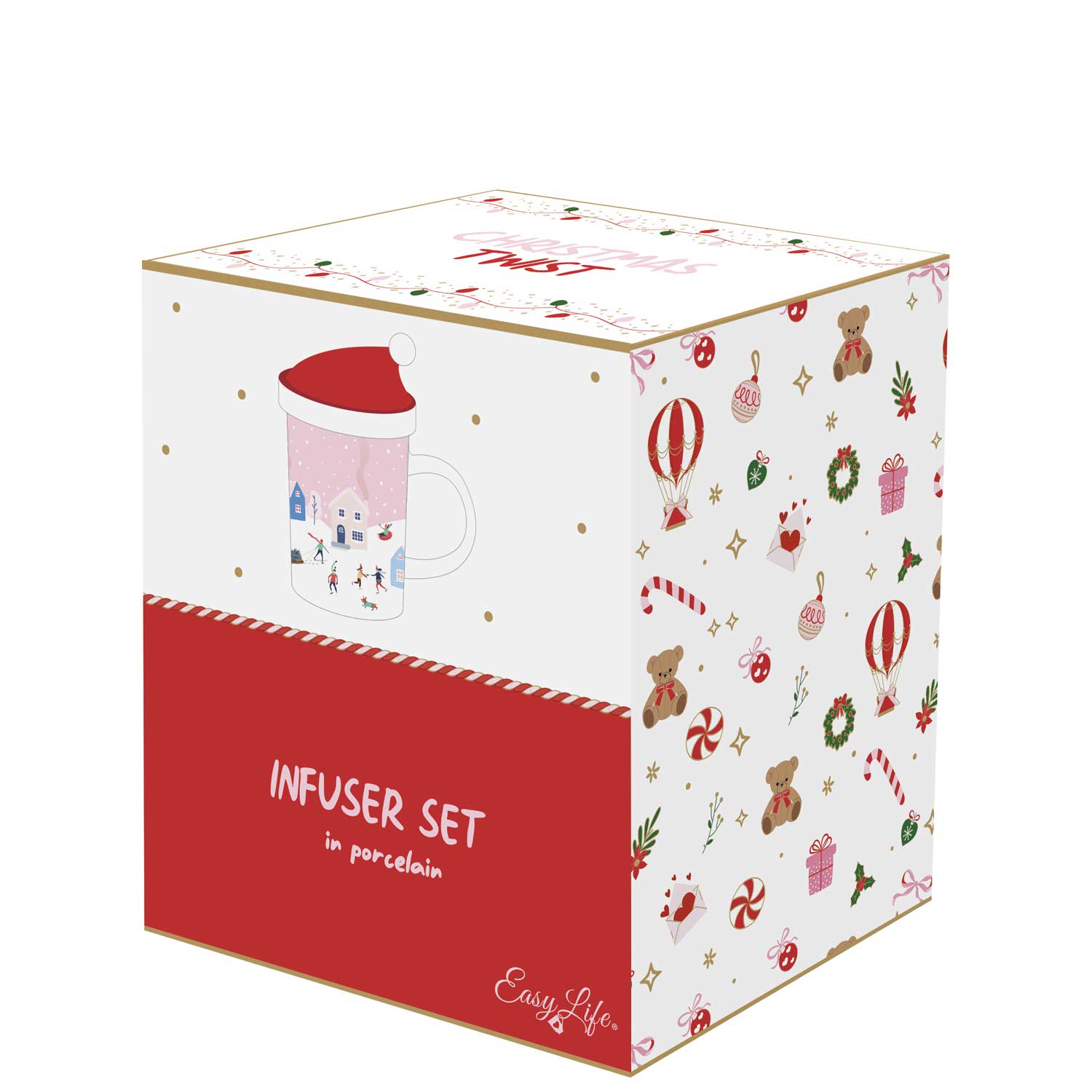 Karácsonyi Porcelán teás bögre 370 ml tetővel fém szűrővel díszdobozban Christmas Twist