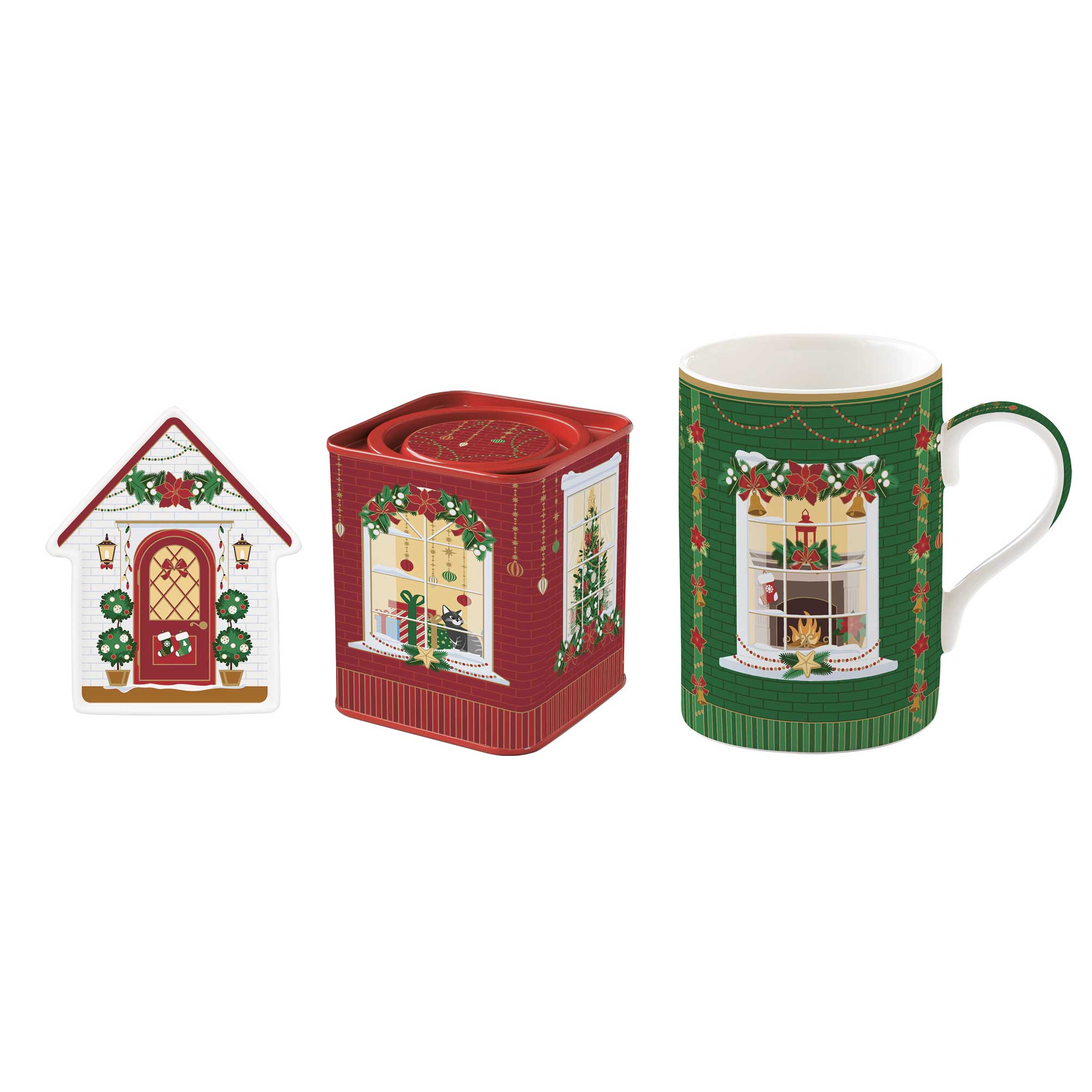 Karácsonyi porcelán bögre ajándék szett teafiltertartó + fémdoboz díszdobozban Festive Avenue