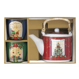 Karácsonyi porcelán ajándék szett teáskanna fém szűrővel 2 porcelán pohárral díszdobozban Festive Avenue