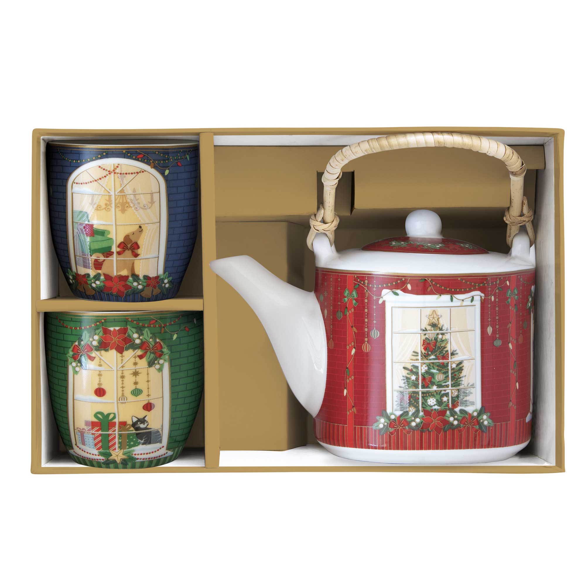 Karácsonyi porcelán ajándék szett teáskanna fém szűrővel 2 porcelán pohárral díszdobozban Festive Avenue