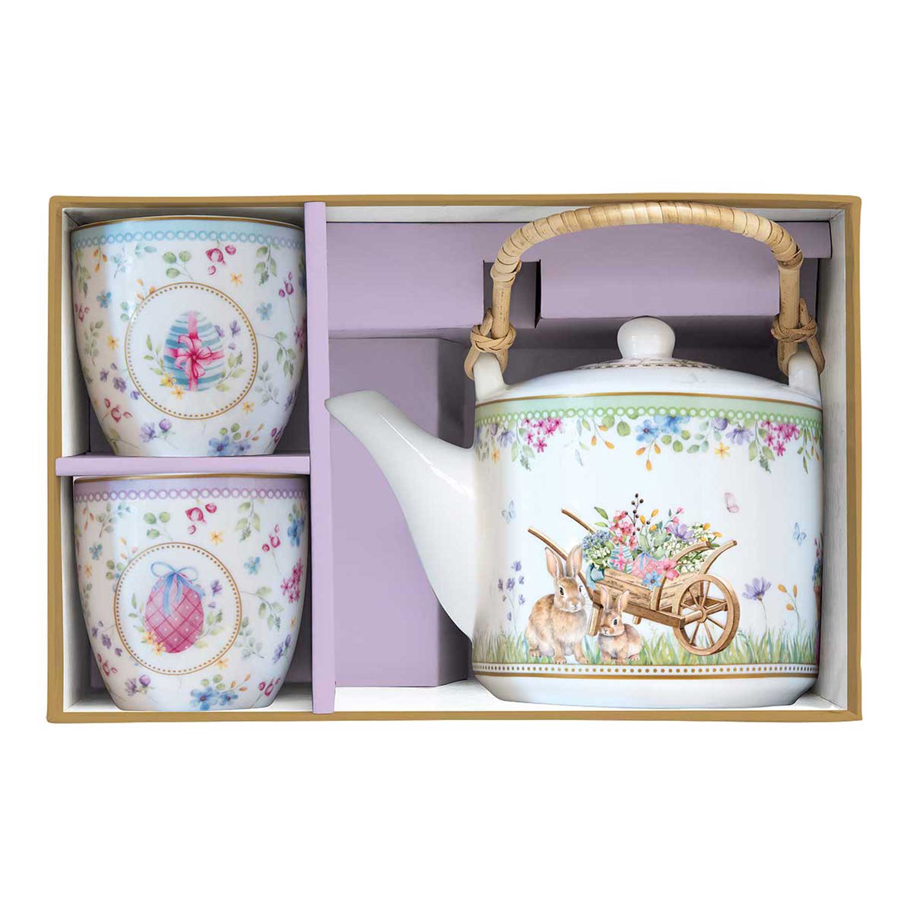 Spring Bloom húsvéti teáskanna fém szűrővel 2 porcelán pohárral díszdobozban
